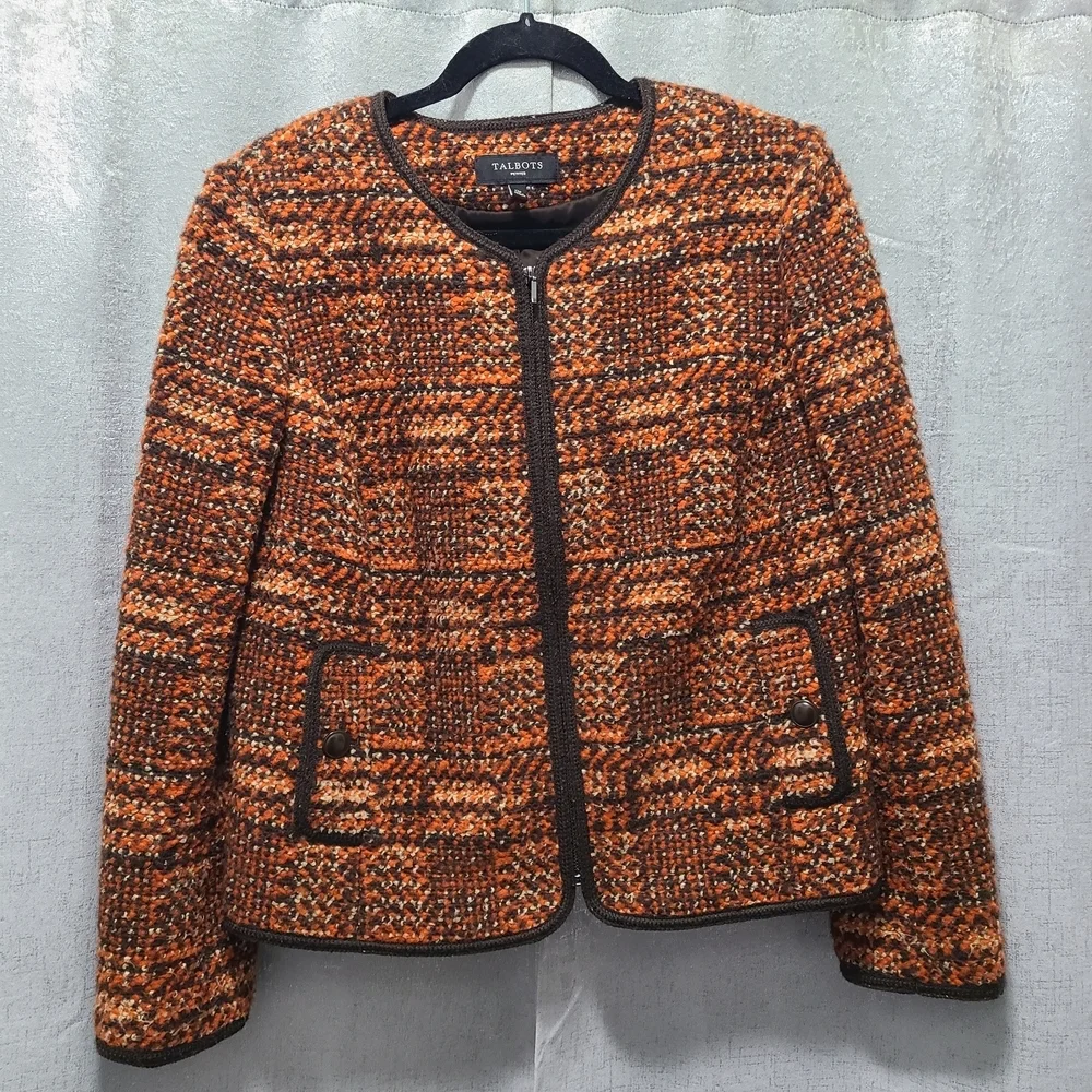 Talbots Tweed Orange Black Wool Blend Women's Jacket 12P‎ Career Preppy